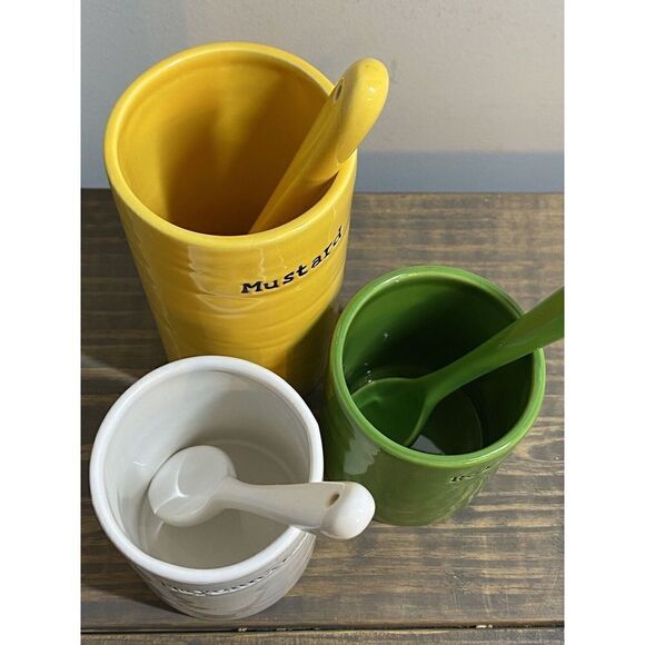 Pottery Barn 9 pc Ceramic BBQ Condiment Jars Spoons Mayonnaisemustard Relish - Picture 5 of 7